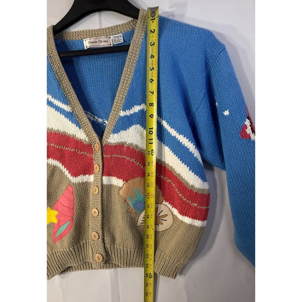 Sharon Young Coastal Fish Shell Knit Cardigan Cotton Sweater Medium - Picture 10 of 13